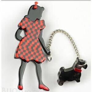 Erstwilder Jewelry Retro Two Piece Pin Up Girl Dog Walking Wonders Brooch